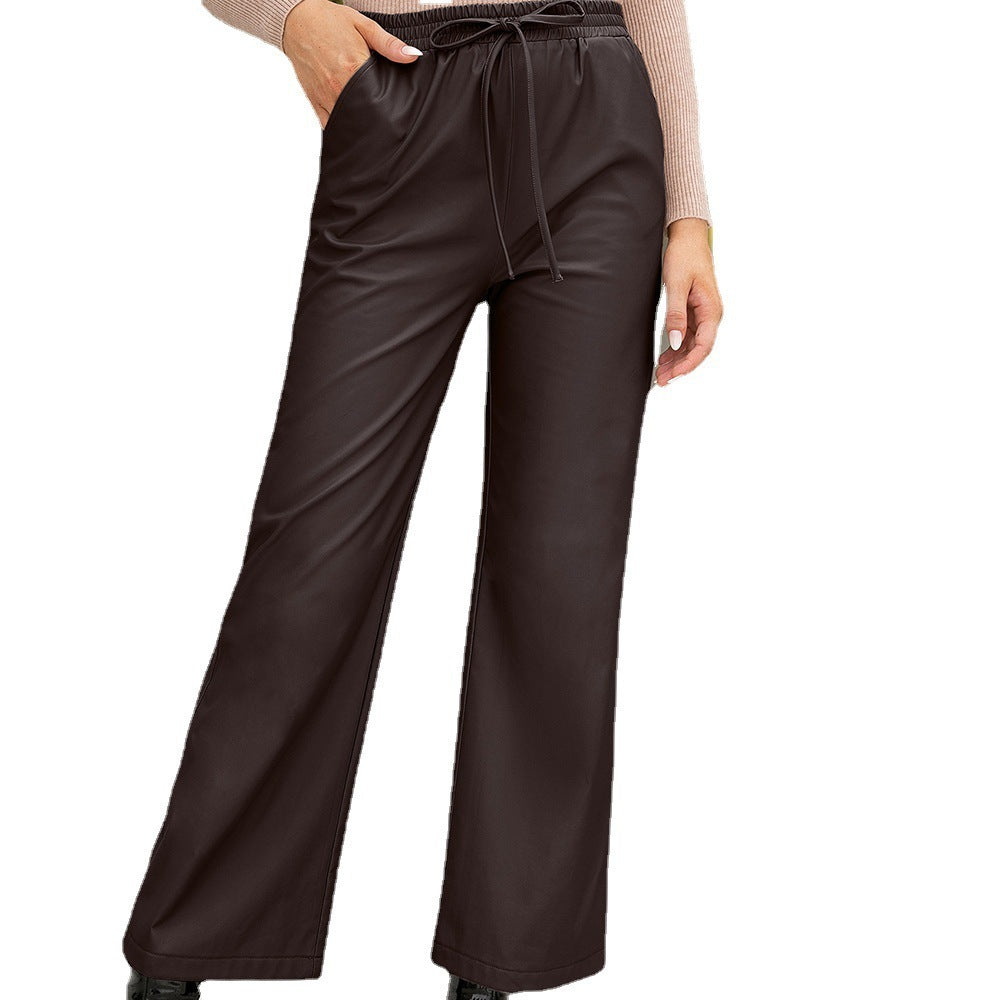 PU Loose Trousers Motorcycle Leather Straight Wide Leg Leather Pants Women