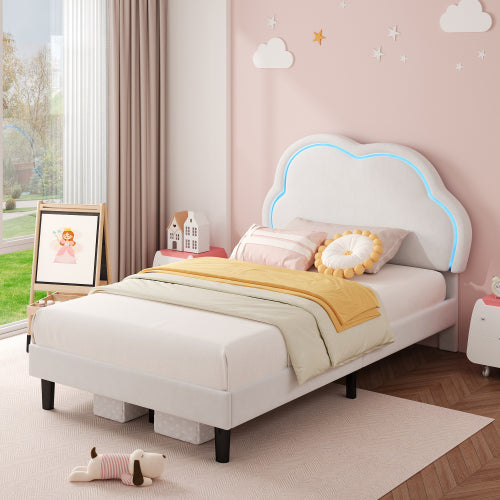 3ft Single Upholstered Bed With LED Adjustable Cute Cloud Headboard, Soft Velvet Bed Frame With Solid Wood Slat, No Box Spring Needed, Easy Assembly, Cream White No Mattress