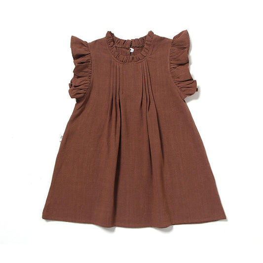 Princess Dress Lace Flying Sleeves Solid Color Linen Girl Dress