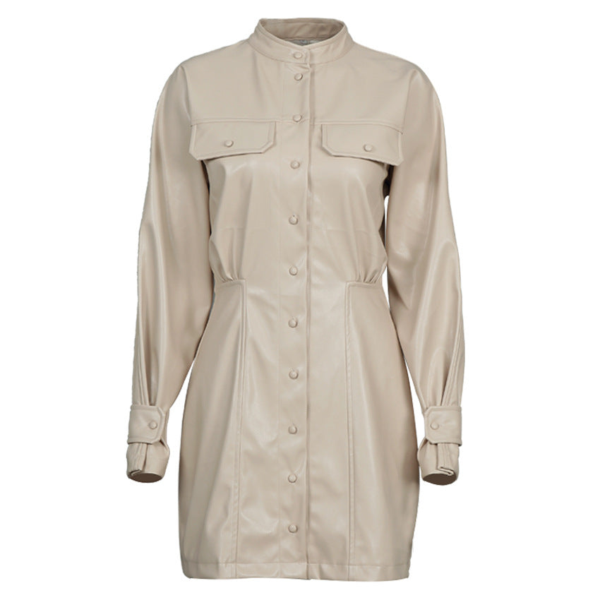 .Fashionable High Neck, Long Sleeves, Slim Pockets, Thin, Puff Sleeves, PU Bag Hip Dress