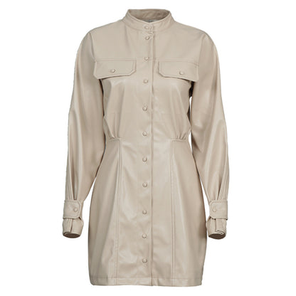 .Fashionable High Neck, Long Sleeves, Slim Pockets, Thin, Puff Sleeves, PU Bag Hip Dress