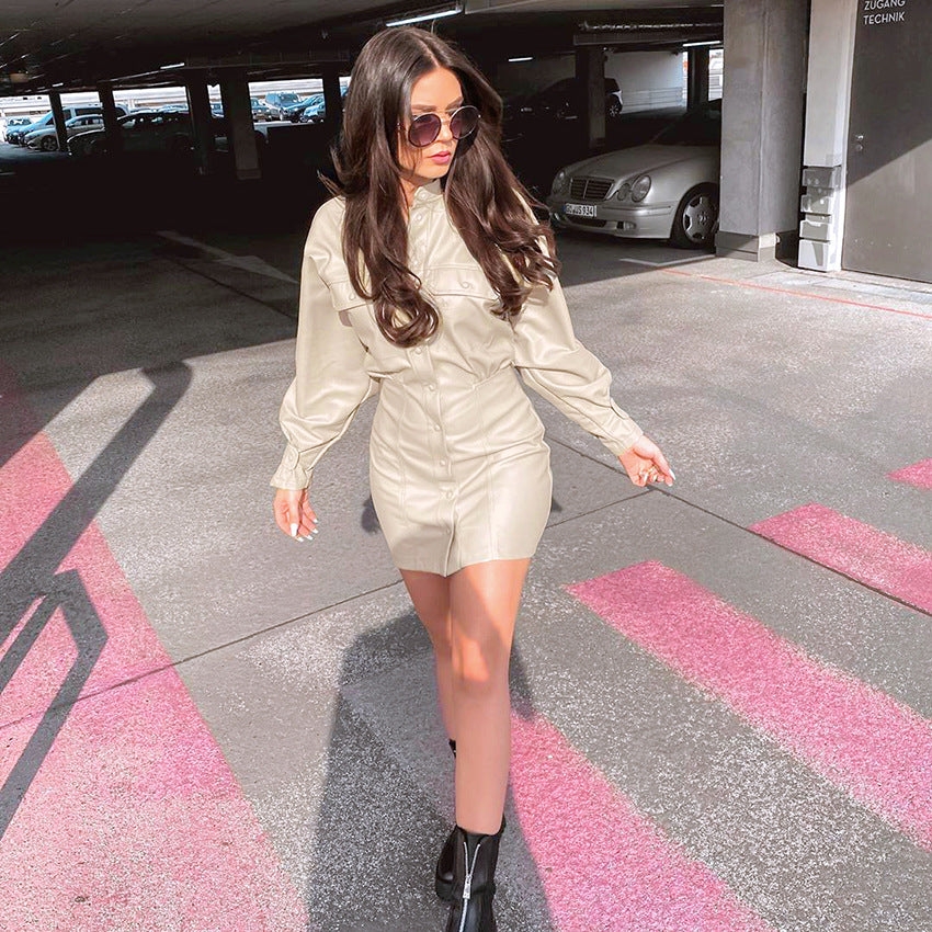 .Fashionable High Neck, Long Sleeves, Slim Pockets, Thin, Puff Sleeves, PU Bag Hip Dress