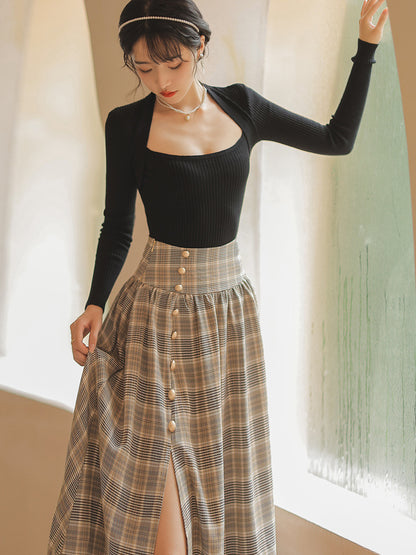 French Light Retro All-match Bottoming Shirt Temperament Plaid Skirt Suit