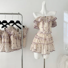 Purple Floral Women's Top Skirt Two-piece Suit