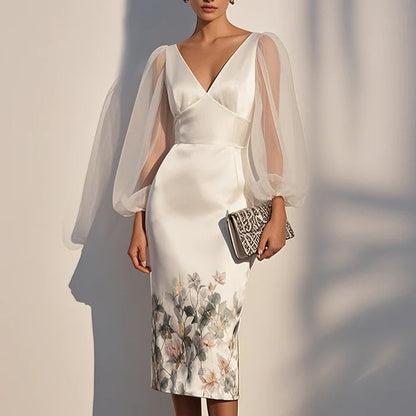 Mesh Stitching V-neck Digital Printed Dress