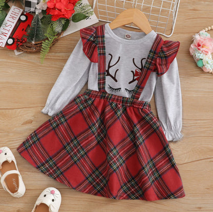 Long Sleeve Letter Print Pullover Check Overall Dress