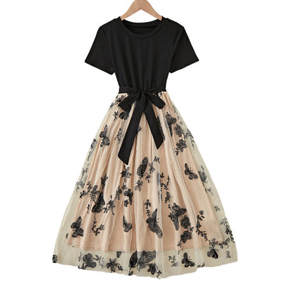 Embroidered Slim Fake Two-Piece Mesh Dress