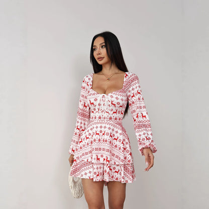 New Christmas Elk Printing Drawstring Backless Long Sleeves Dress