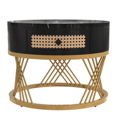 2 In 1 Round Coffee Table Made Of MDF With Marble Grain Veneer Top, Rattan Drawers And Solid Wood Handles. Gold Coloured Iron Legs. 70x70x45.5  50x50x38.5cm