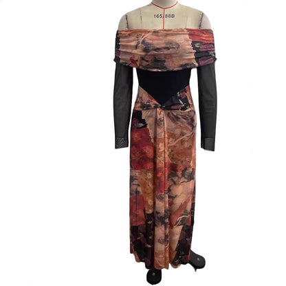 French One-shoulder Swing Collar Printed Mesh Dress