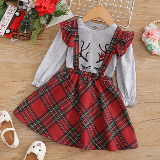 Long Sleeve Letter Print Pullover Check Overall Dress