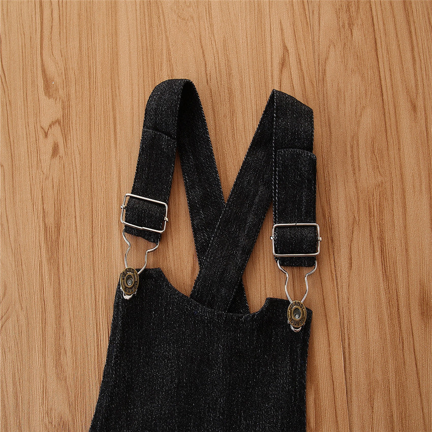 Girls' Short-sleeved Suit Puff Sleeve Black T-shirt Denim Suspender Skirt Fashionable