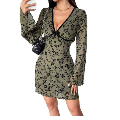 New Bell Sleeve Double-layer Mesh Flocking Large V-neck Dress