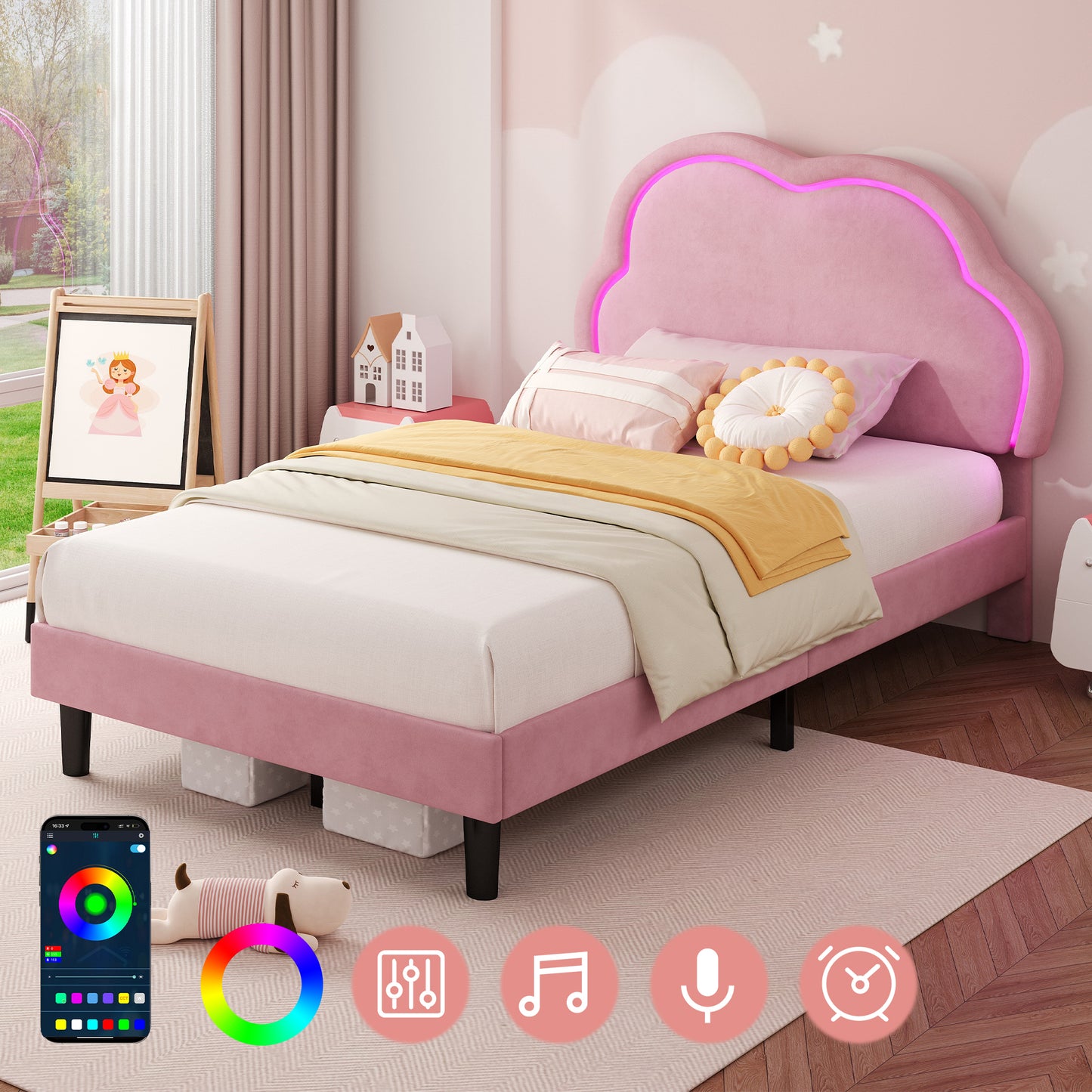3ft Single Upholstered Bed With LED Adjustable Cute Cloud Headboard, Soft Velvet Bed Frame With Solid Wood Slat, No Box Spring Needed, Easy Assembly,