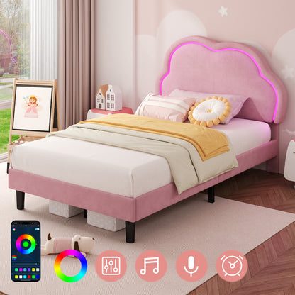 3ft Single Upholstered Bed With LED Adjustable Cute Cloud Headboard, Soft Velvet Bed Frame With Solid Wood Slat, No Box Spring Needed, Easy Assembly,