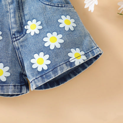 Polka Dot Mesh Sleeves Top Flower Denim Shorts