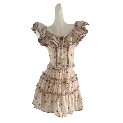 Purple Floral Women's Top Skirt Two-piece Suit