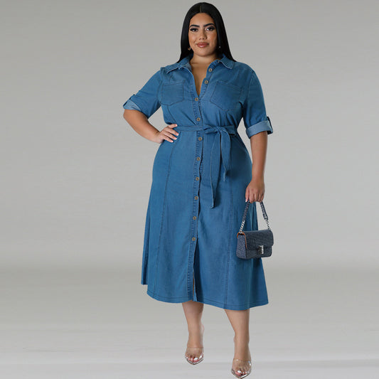 Denim Lapel Long Sleeve Tied Midi Dress