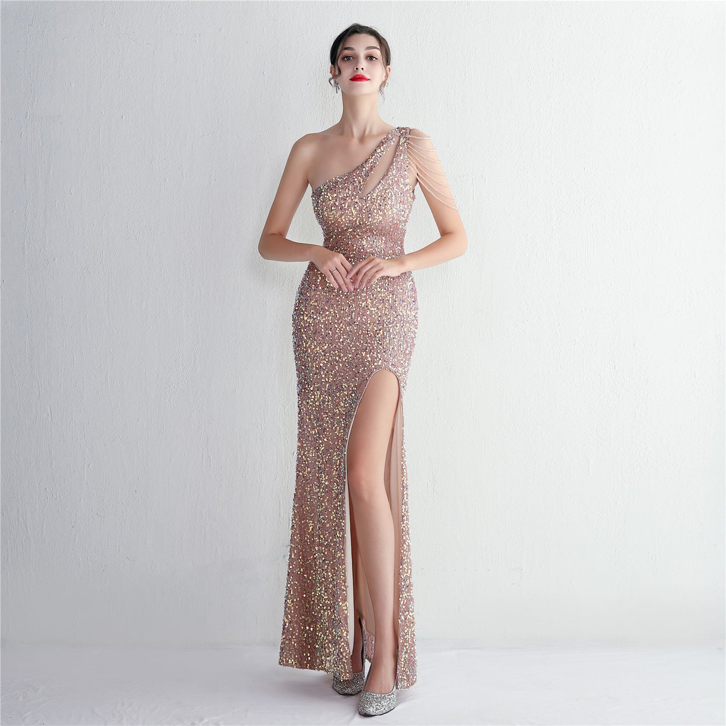 19533  Handmade Sequin Craft Beaded One-shoulder Fishtail Skirt