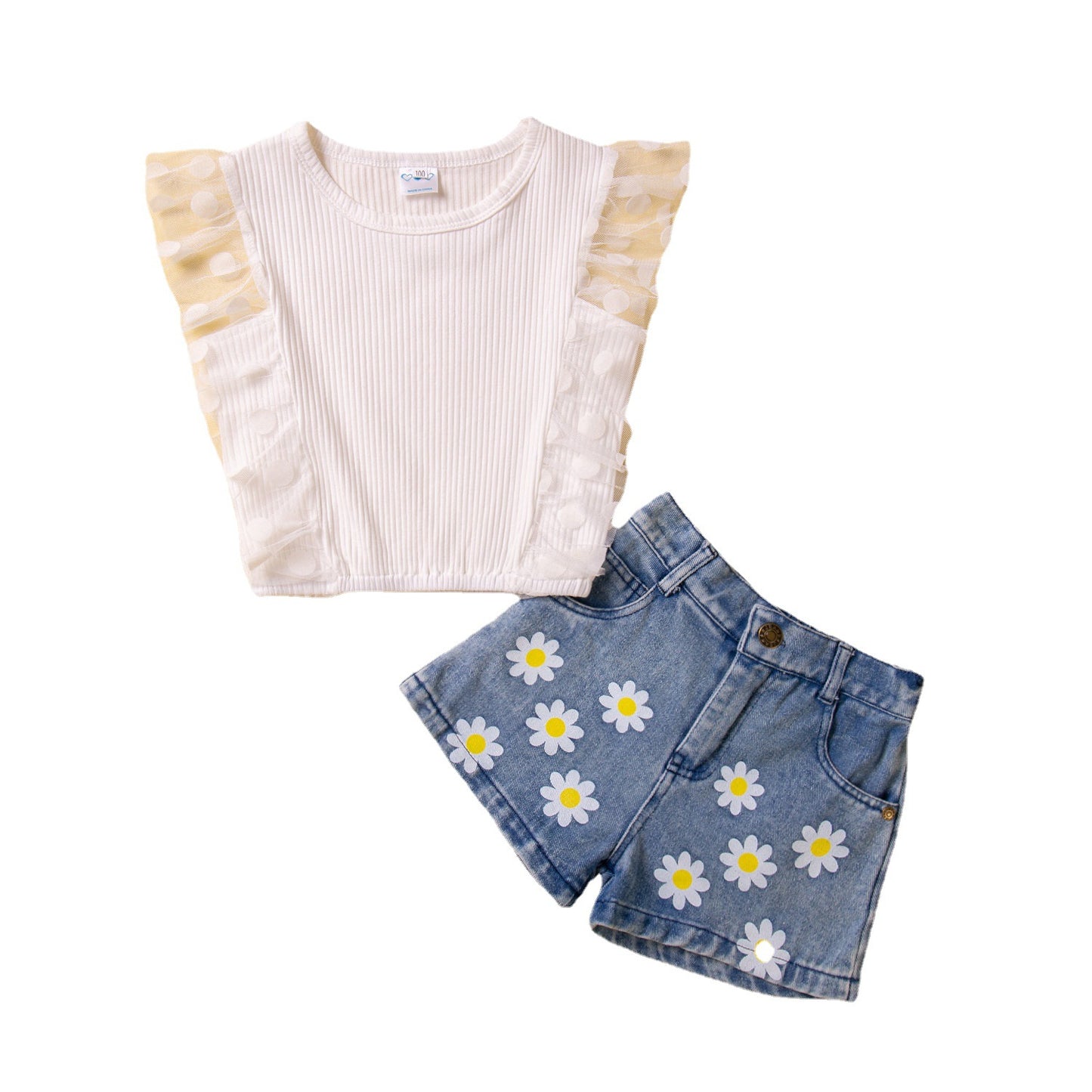 Polka Dot Mesh Sleeves Top Flower Denim Shorts