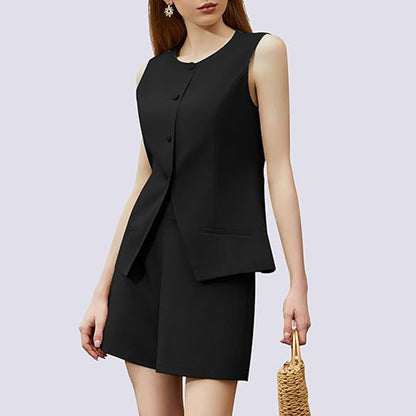 2-piece Sleeveless Round Neck Button High-waisted Trousers Business Work Suits