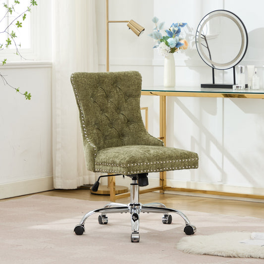 A&A Furniture Office Chair,Modern Chenille Upholstered Tufted Button Home Office Chair With Chrome Metal Base,Adjustable Desk Chair Swivel Office Chair Gree