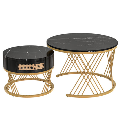 2 In 1 Round Coffee Table Made Of MDF With Marble Grain Veneer Top, Rattan Drawers And Solid Wood Handles. Gold Coloured Iron Legs. 70x70x45.5  50x50x38.5cm