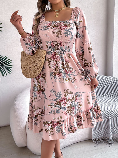 Elegant Flowers Square Collar Long Sleeve Waist Trimming Ruffles A- Line Skirt