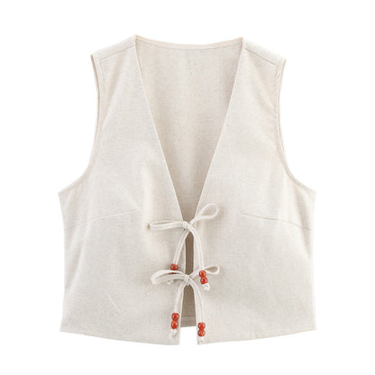 All-match V-neck Beaded Lace-up Vest Beaded Lace-up Solid Color Skirt Skirt Suit