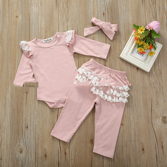 Infant And Toddler Cotton Lace Long-sleeved Harness Lace Long Pants Set