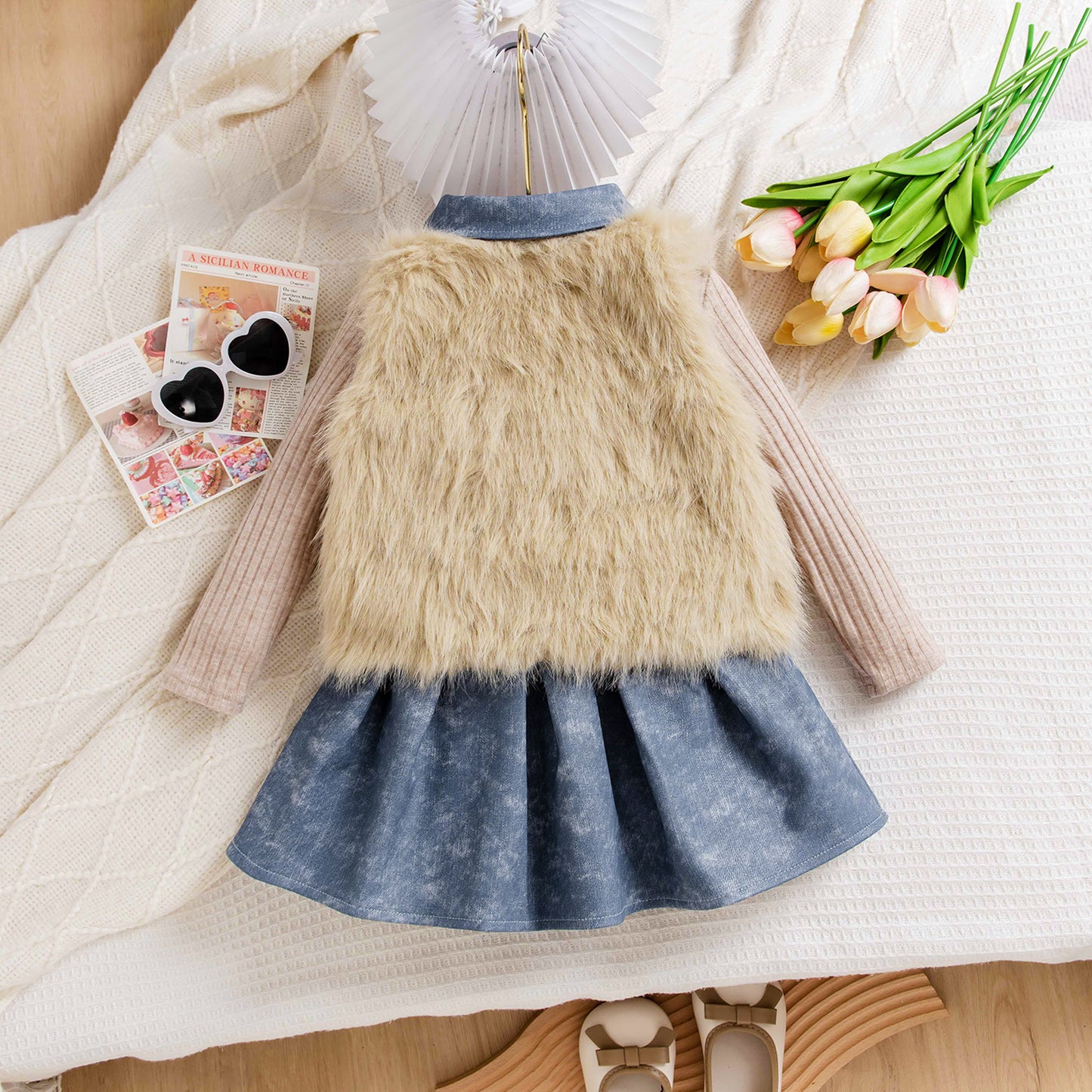 Knitted Sweater Denim Skirt Princess Style Three-piece Set