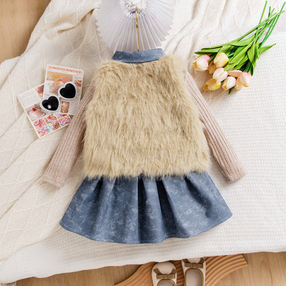 Knitted Sweater Denim Skirt Princess Style Three-piece Set