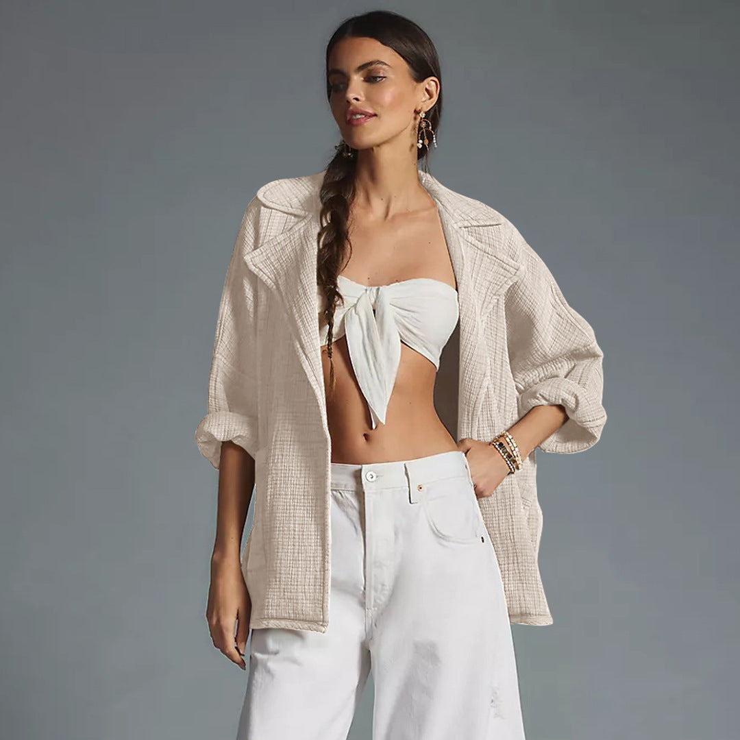 All-match Cardigan Lapel Long Sleeve Solid Color Top