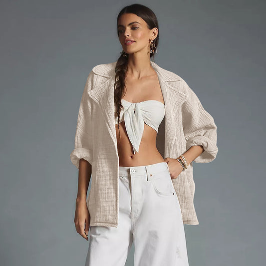 All-match Cardigan Lapel Long Sleeve Solid Color Top