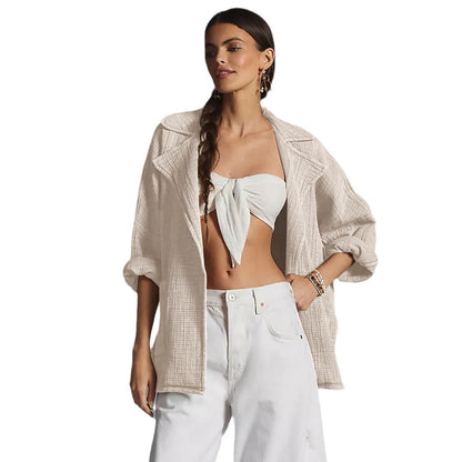 All-match Cardigan Lapel Long Sleeve Solid Color Top