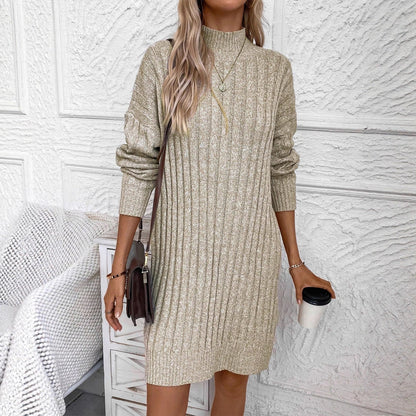 Turtleneck Long Sleeve Loose Knitted Dress Hip Bag