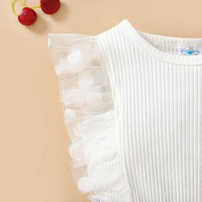 Polka Dot Mesh Sleeves Top Flower Denim Shorts