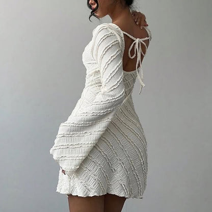 White Knitted Fabric Boat Neck A-line Back Tie Dress