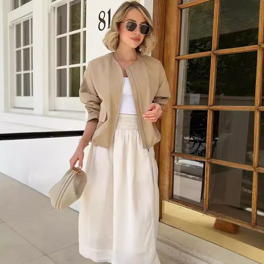 Zipped Round Neck Cargo Pocket Baggy Coat Women