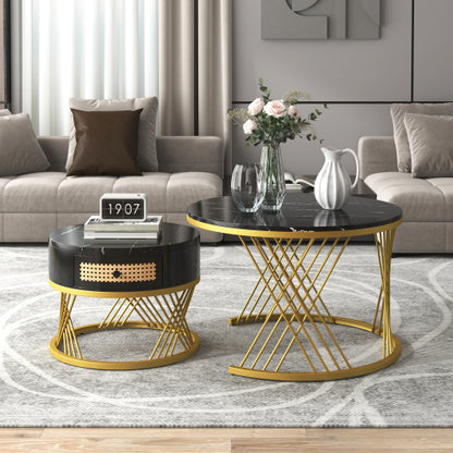 2 In 1 Round Coffee Table Made Of MDF With Marble Grain Veneer Top, Rattan Drawers And Solid Wood Handles. Gold Coloured Iron Legs. 70x70x45.5  50x50x38.5cm